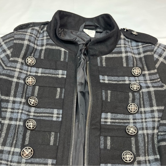 CRUEL black PLAID military Jacket zip Coat Gray Wool Blend Steampunk Goth Small - Picture 15 of 16